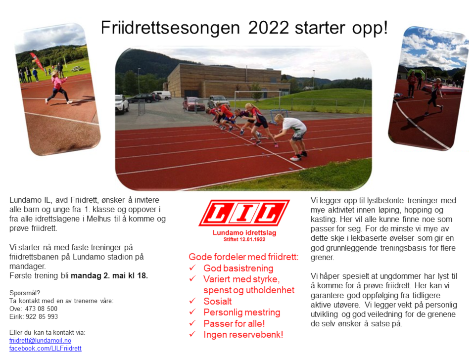 Friidretten starter opp mandag 2.mai!